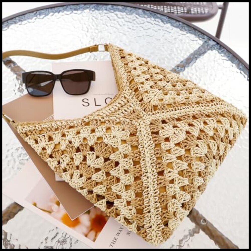 Natural Straw Tote Bag Handwoven Bohemian Casual Shoulder Bag Travel Essential - Picture 6 of 7